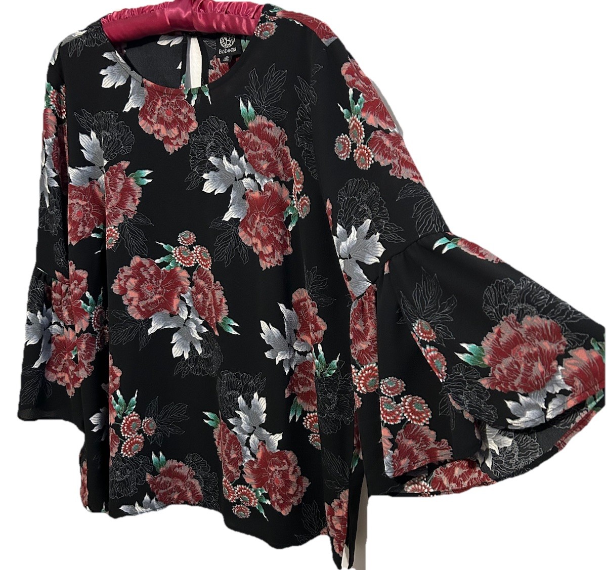 Bobeau Top XL Black Floral Bell Sleeve Shirt Blouse Women’s Size Extra Large
