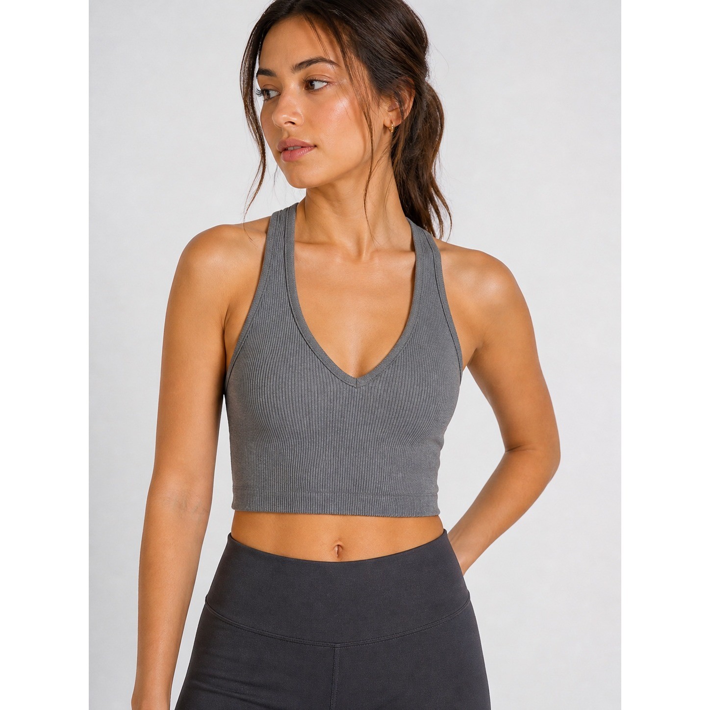 FP Movement crop top Womens M Grey Ribbed V-Neck Racerback Tank OB916007