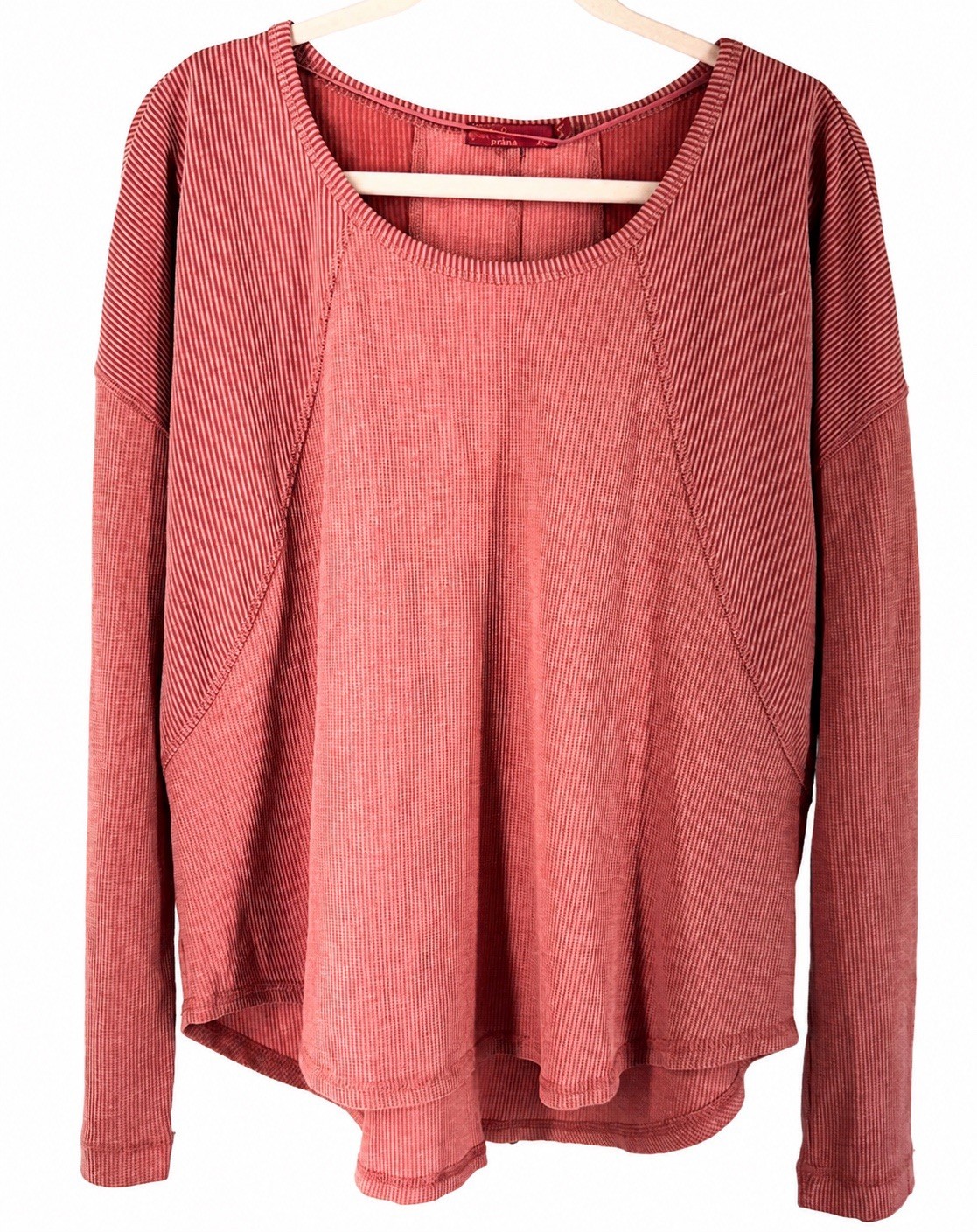 prAna Thermal Waffle Knit Top XL Pink Long Sleeve Organic Cotton Hi Low Hem