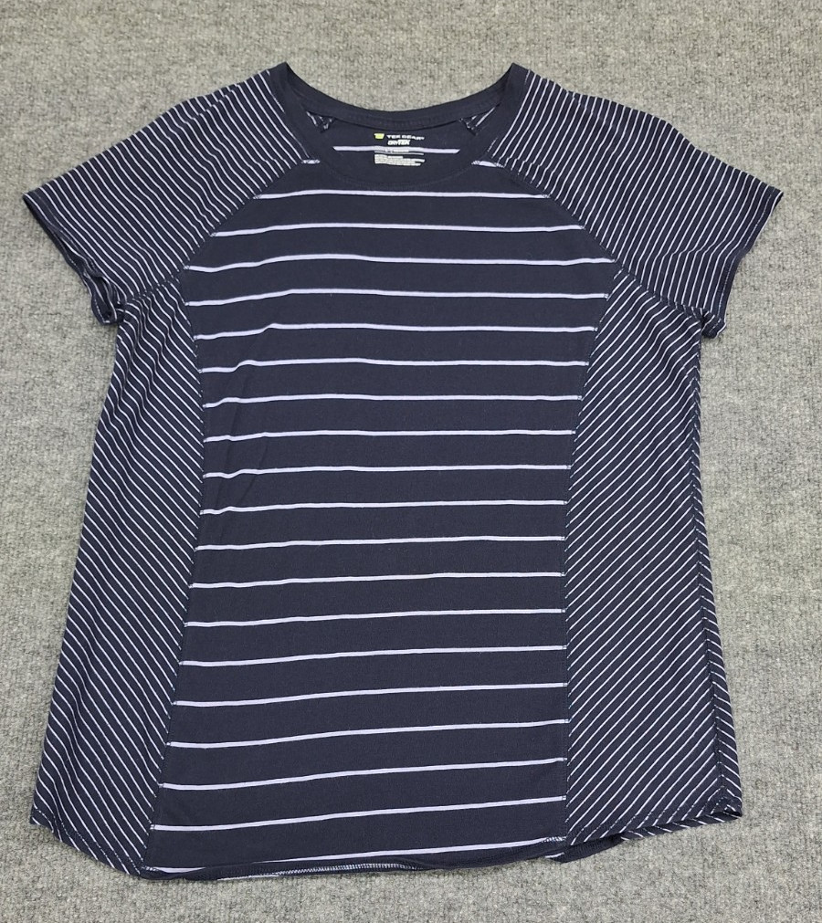Tek Gear DryTek Womens Size L Top Blue Multi-Stripe Short Sleeve Shirt