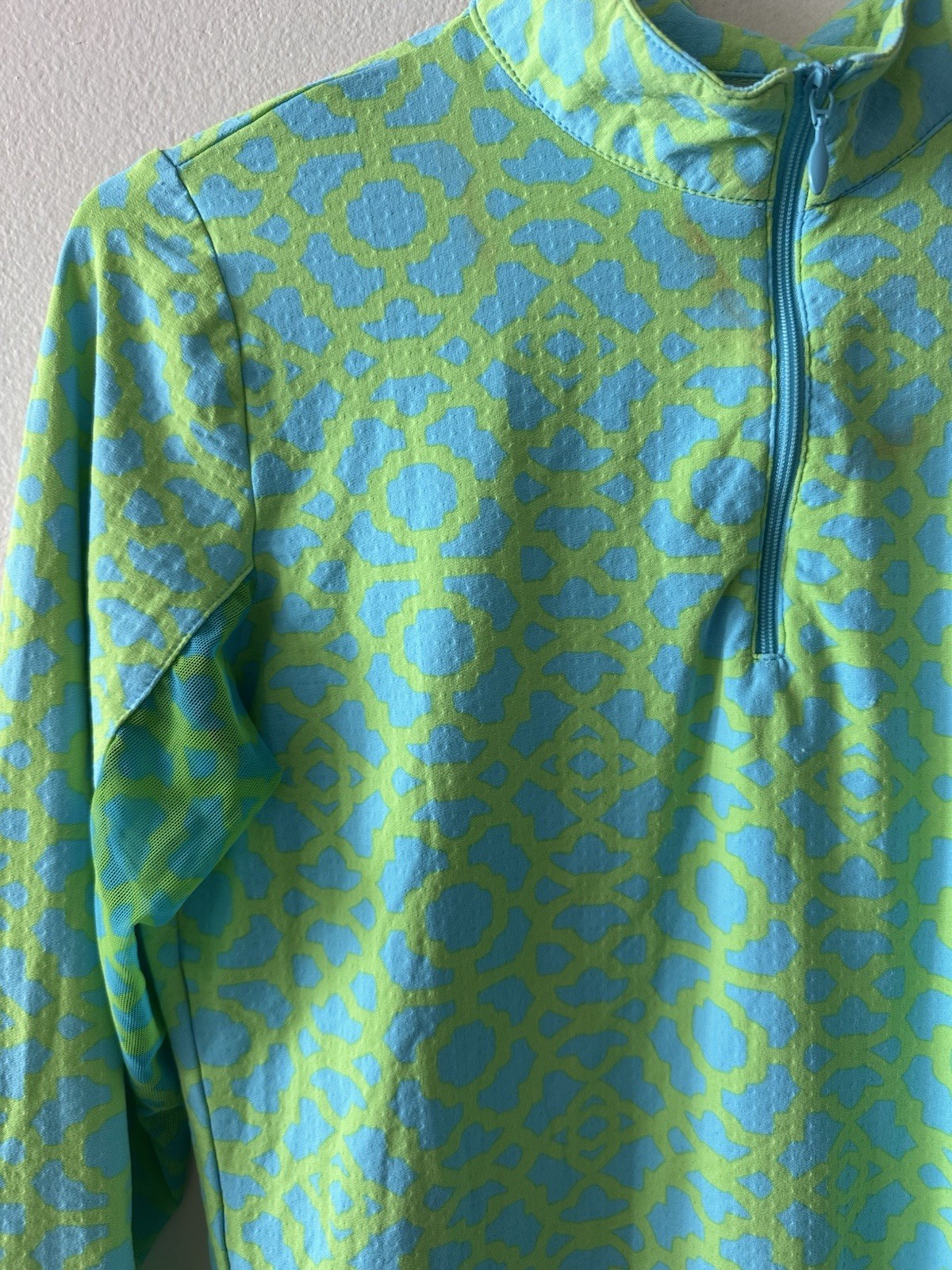 ICIKULS Geometric Small 1/4 Zip Pullover Top Blue Green Mesh Long Sleeve Flaw