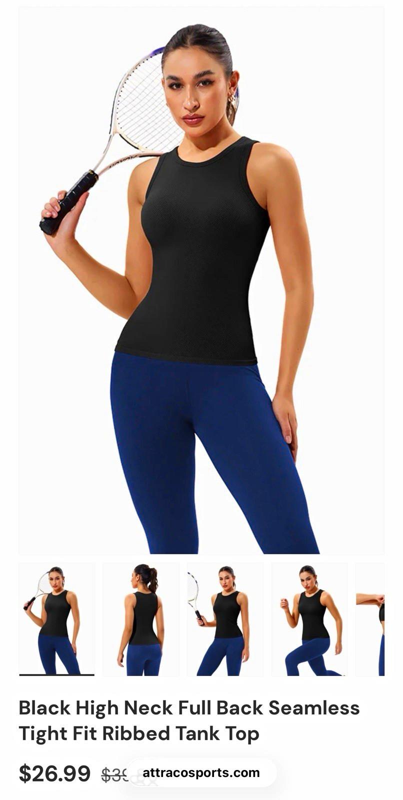Attraco Womens Black Seamless Ribbed High Neck Tight Fit Tank Top M