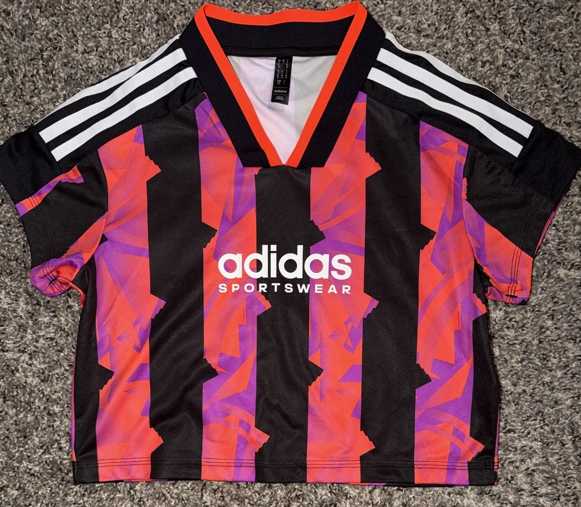 Adidas Sportswear Crop Jersey Top Women’s Small Pink Black Purple 3 Stripe Tee