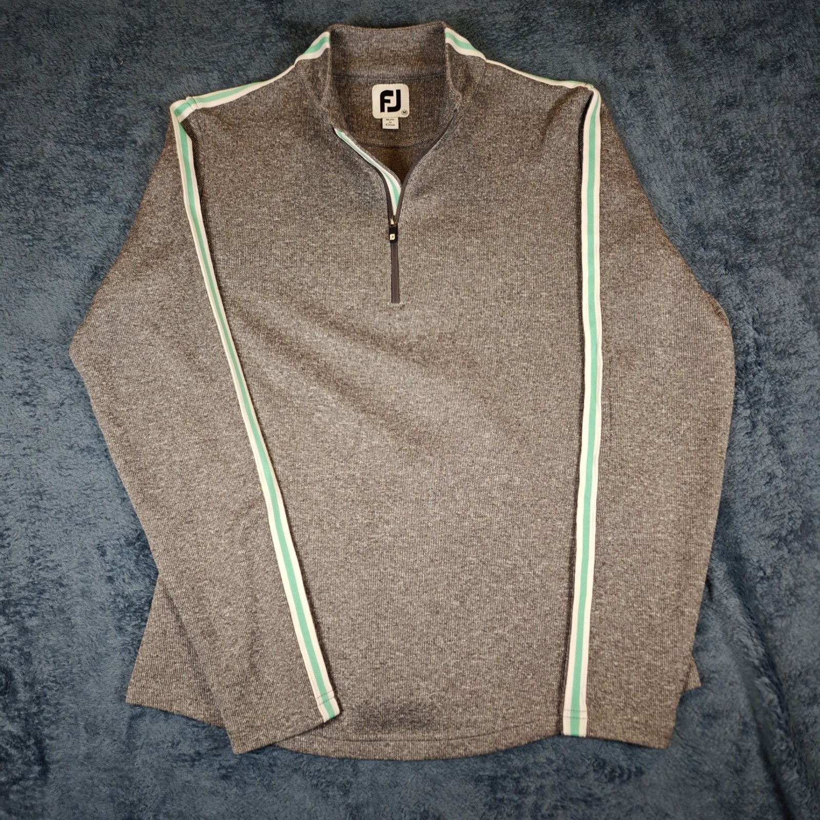 FootJoy Womens Medium Gray Heather Quarter Zip Golf Pullover Mint Stripe Trim