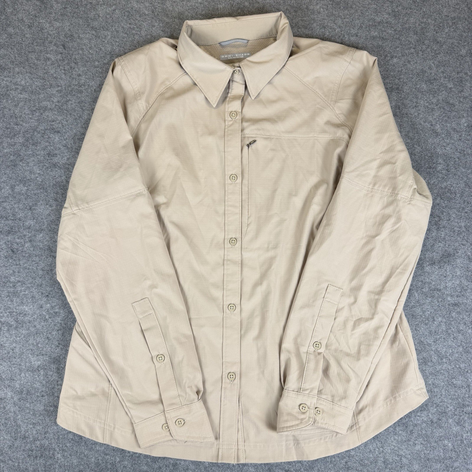 Columbia Omni-Shade Women XL Tan Long Sleeve Hiking Fishing Sun Shirt Vent UPF