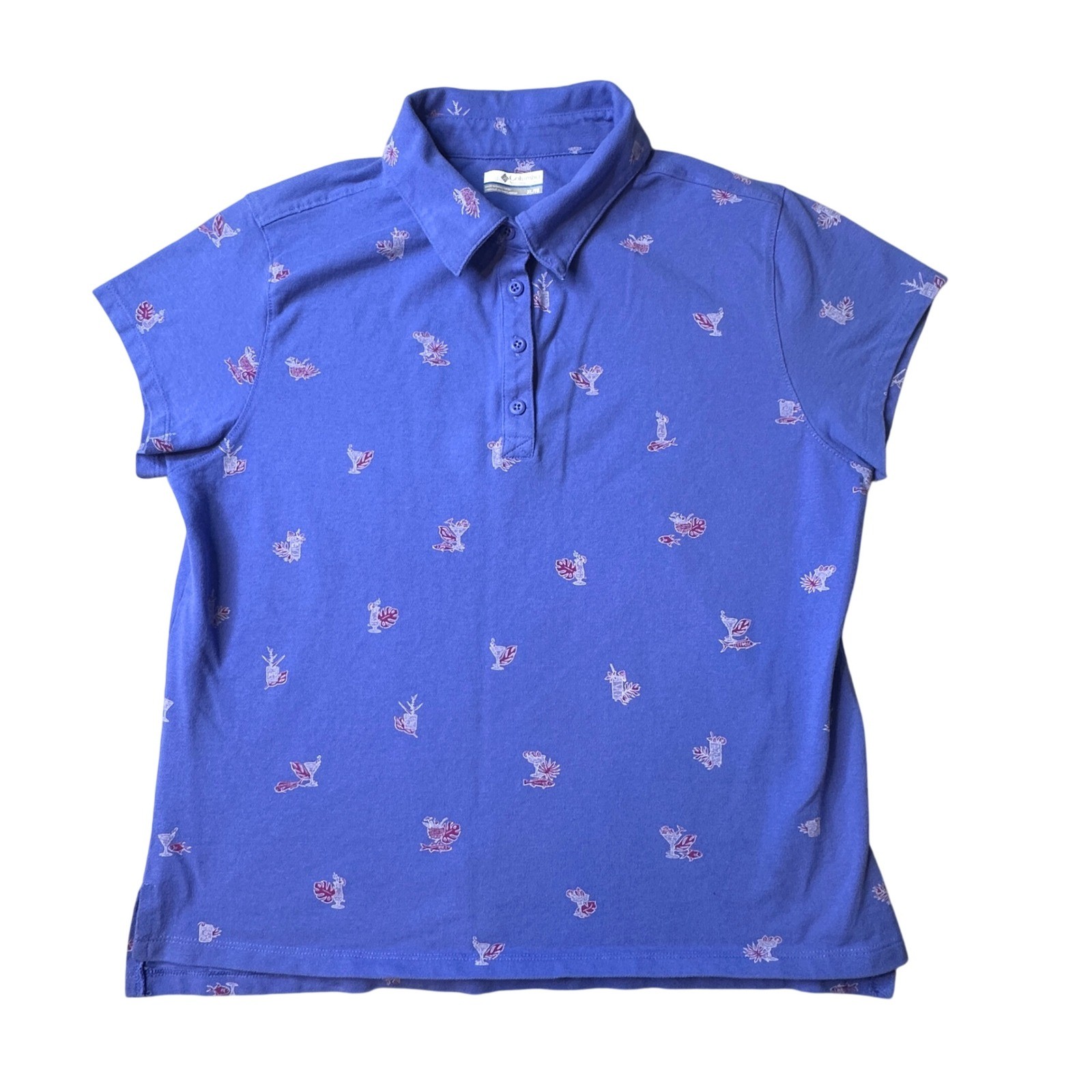 Columbia Polo Shirt Womens XL Blue PFG Performance Fishing Gear Tropical Print