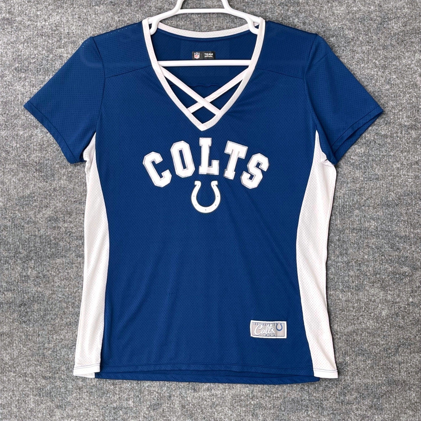 NFL Team Apparel Indianapolis Colts Womens Blue Mesh Lattice V-Neck Shirt XL