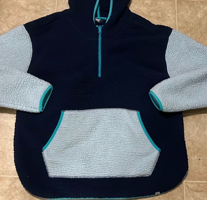 Lands’ End Women’s Sz L Hooded 1/4 Zip Fleece Pullover Blue Color Block