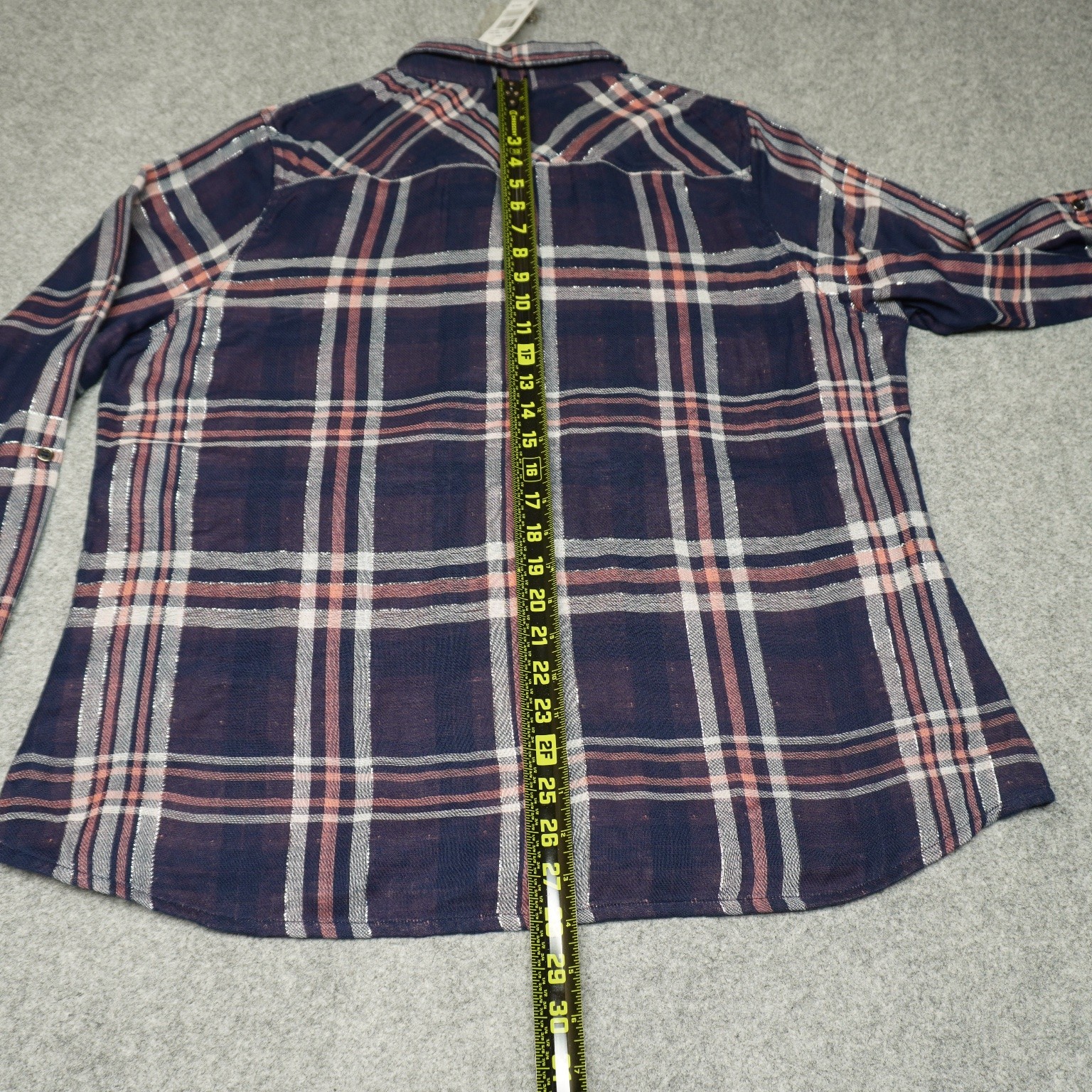 VANITY Plaid Activewear Top Women’s 2XL Navy Peach Metallic Cotton Shirt New