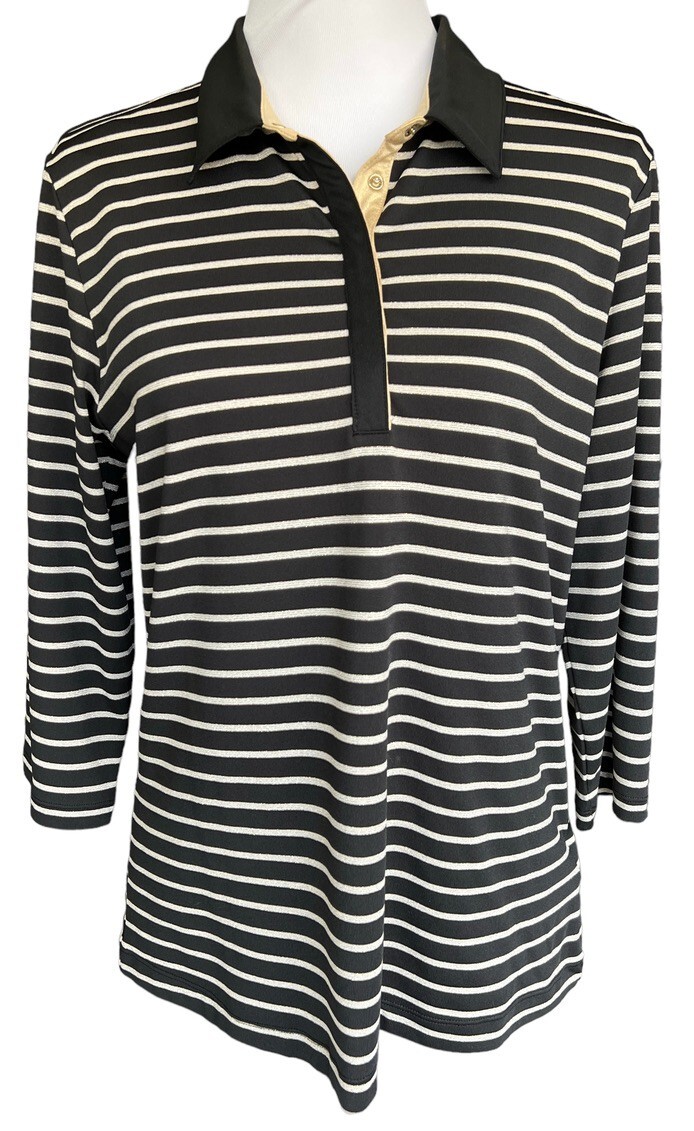 TAIL Sz L Black Gold 3/4 Sleeve Snap Activewear Golf Tennis Top Shirt