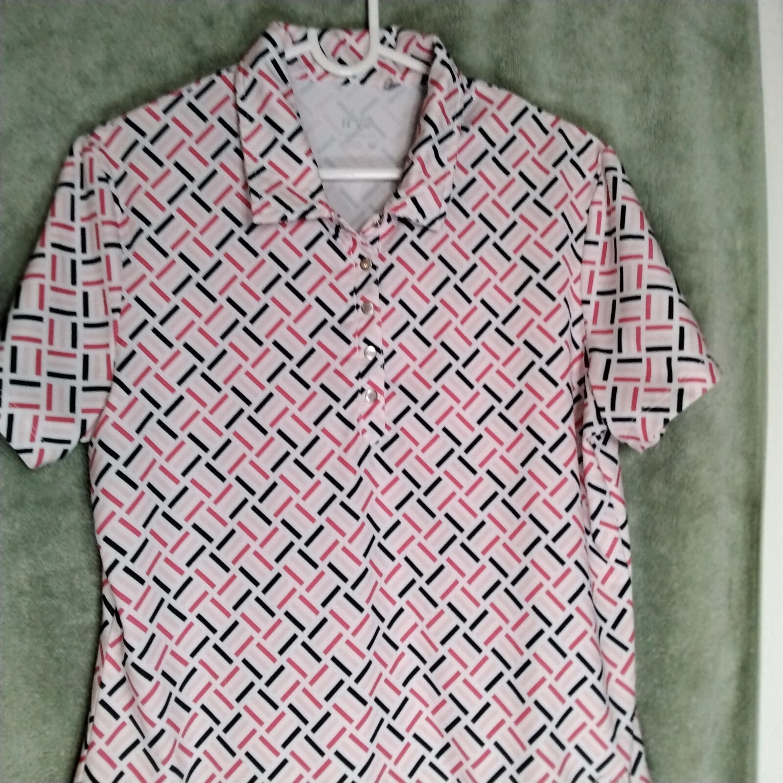 Nivo Sport Polo Shirt Womens Size M Pink Black Geometric Snap Short Sleeve