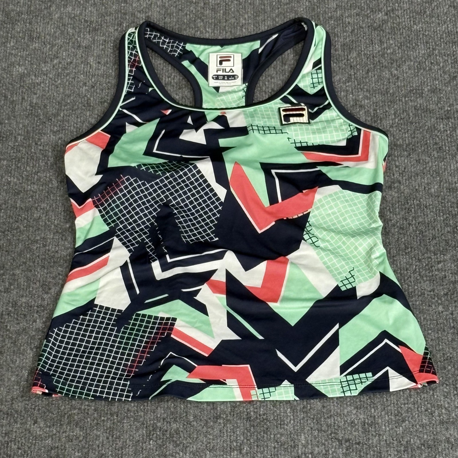 Fila Tank Top Womens Small Green Navy Geometric Racerback Athletic Workout Shirt