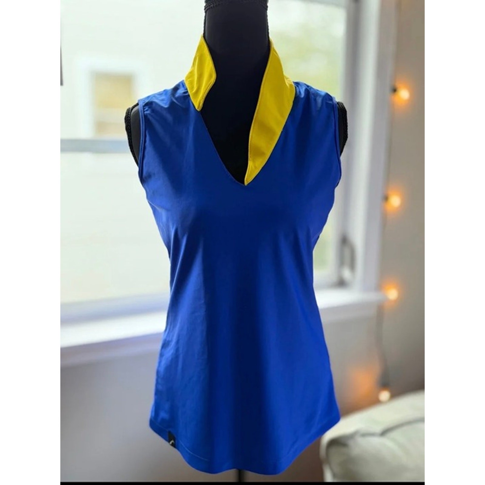 SwingDish Golf Tank Top Small Blue Yellow Sleeveless Performance Golf Tennis Pic
