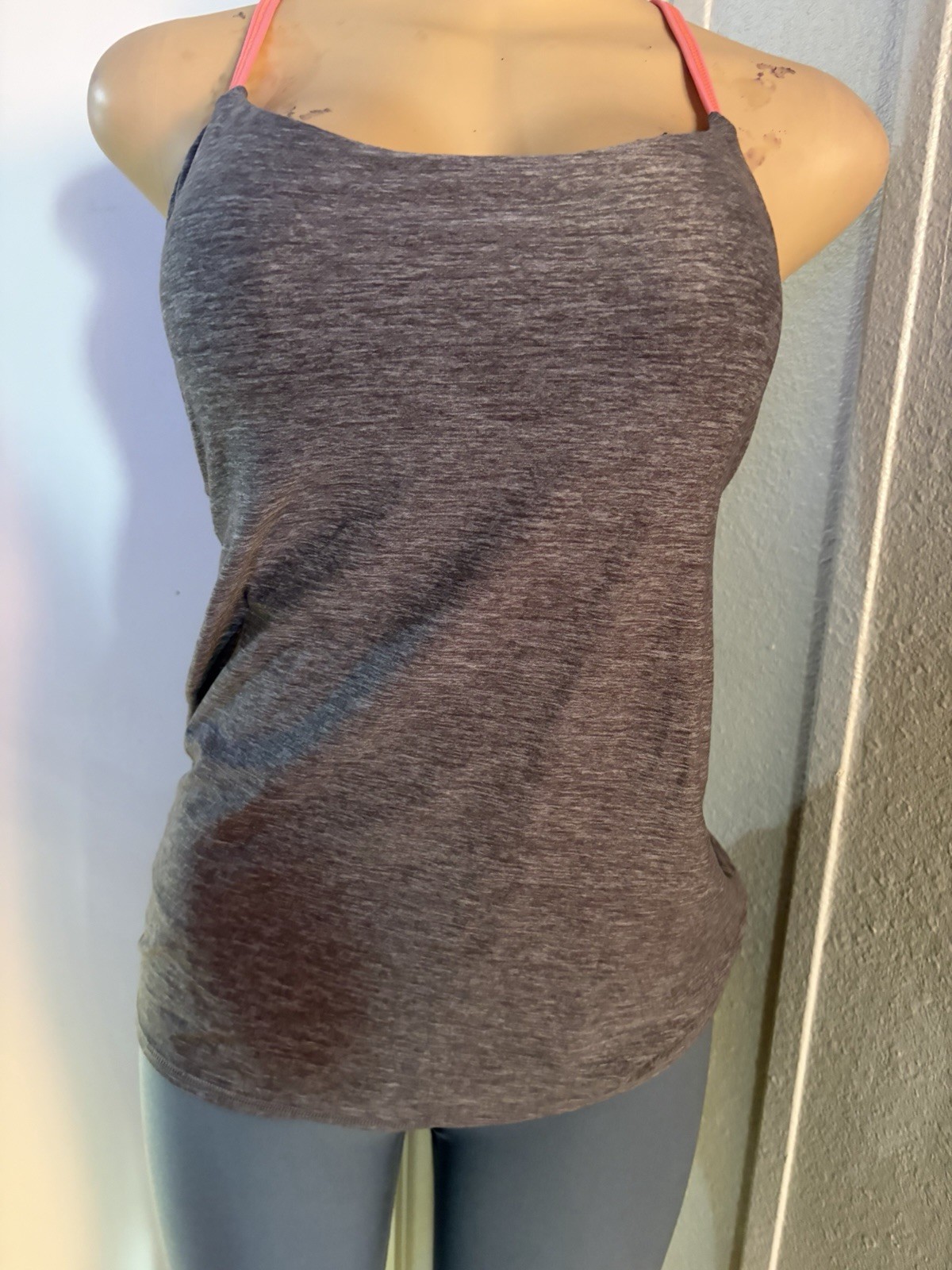 Women’s S Gray/Pink Activewear Camisole Tank Spaghetti Strap Square Neck