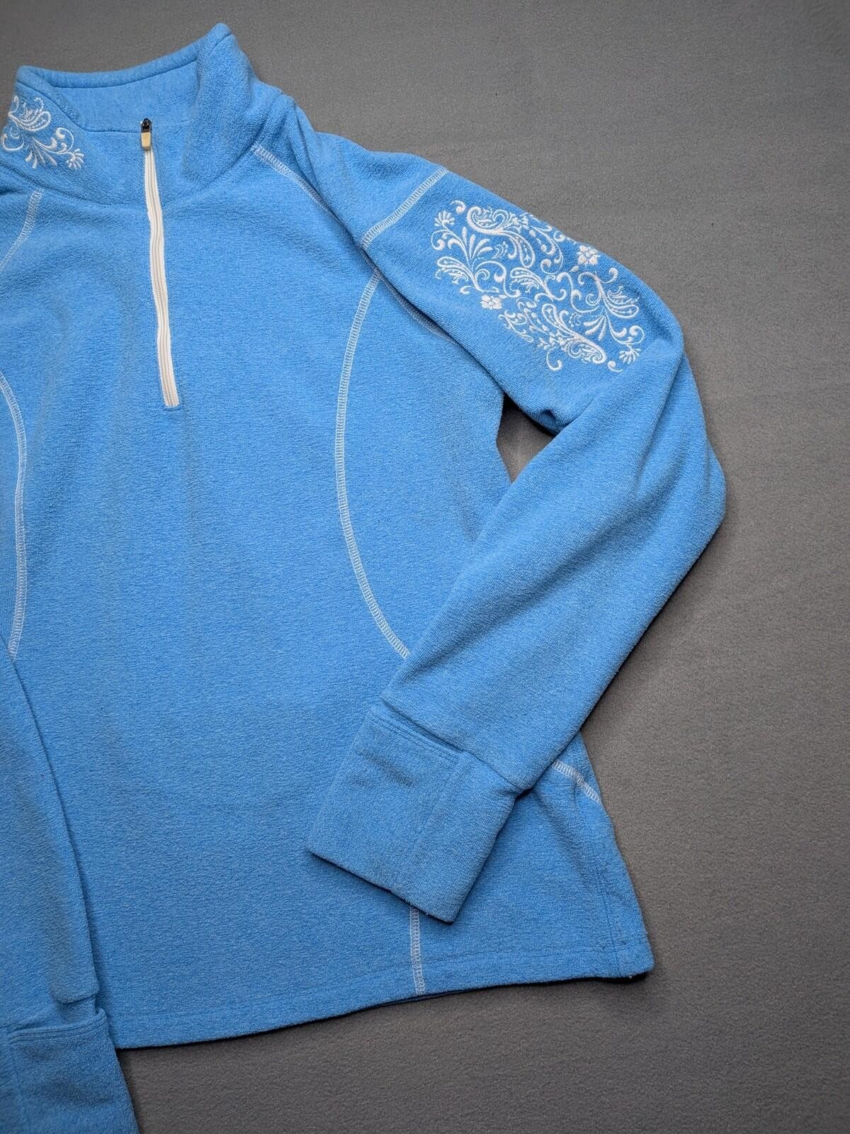 Athleta Pullover Top Womens S Blue Floral Fleece Mock Neck 1/4 Zip Thumbholes