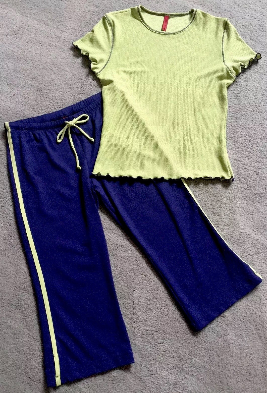 WOMENS CITY TECH ATHLETIC YOGA WORKOUT PANTS & TOP STRETCH BLUE-LIME SZ L EUC
