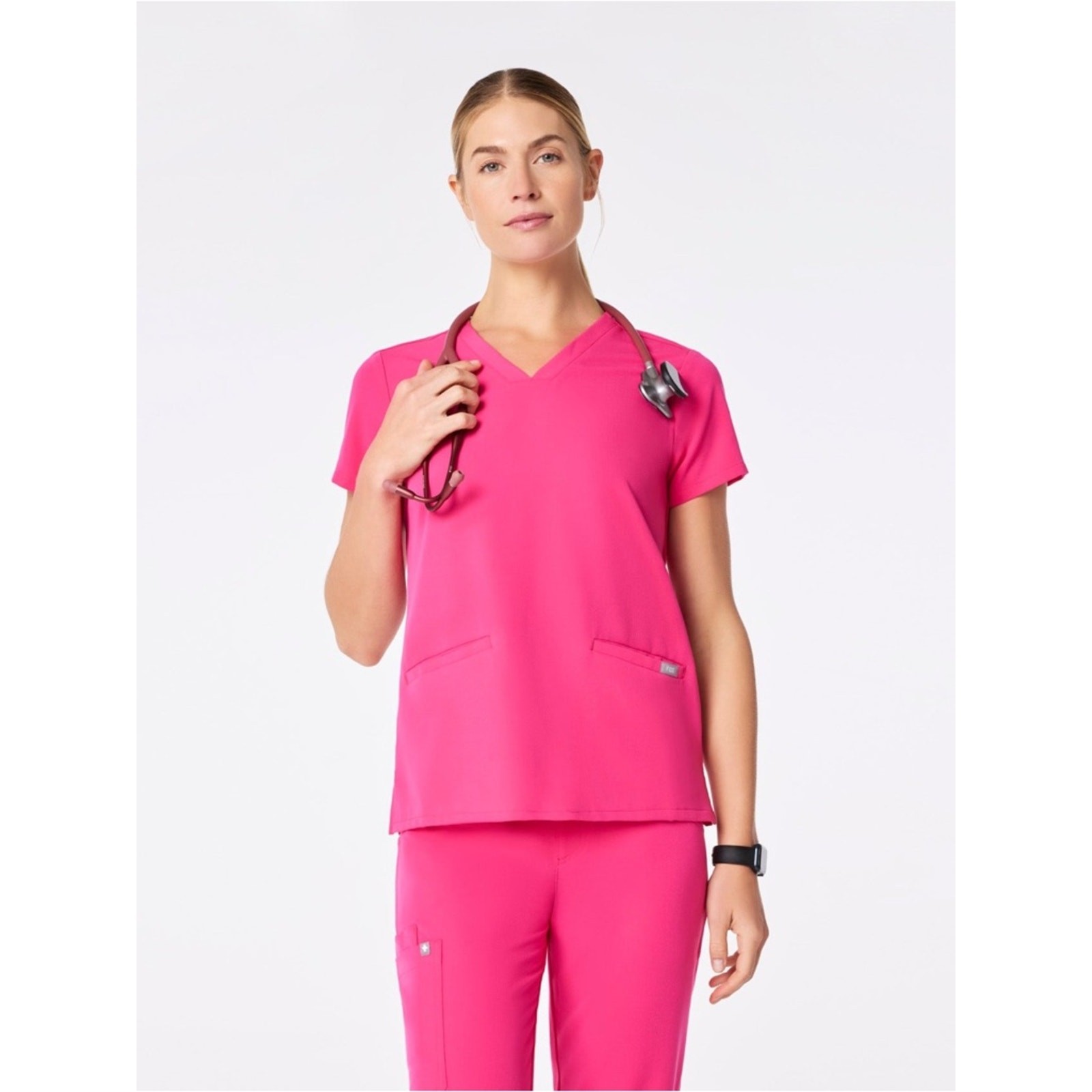 Figs Casma Three Pocket Scrub Top V-neck Short Sleeve Fuchsia Pink Size Large