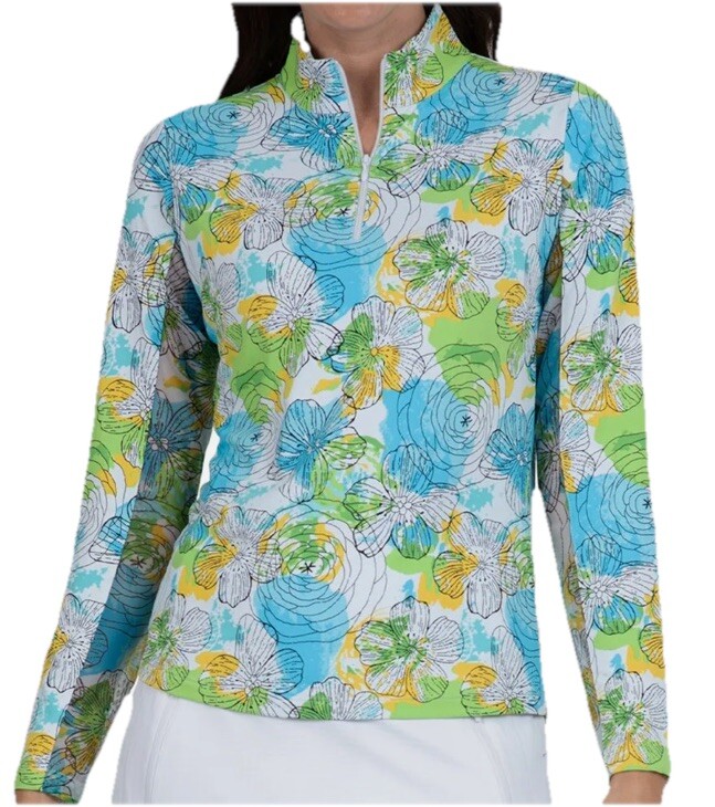 NWT IBKUL Golf Tennis 1/4 Zip Pullover Top S M L XL Blue Floral Longsleeve D4