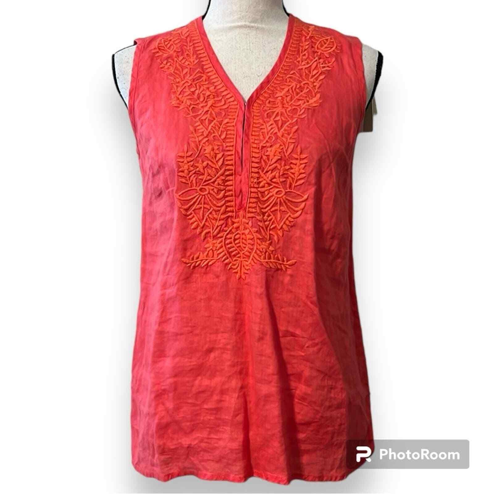 Elite Tahari size XS island hibiscus tank top v-neck 100% linen embroidered new