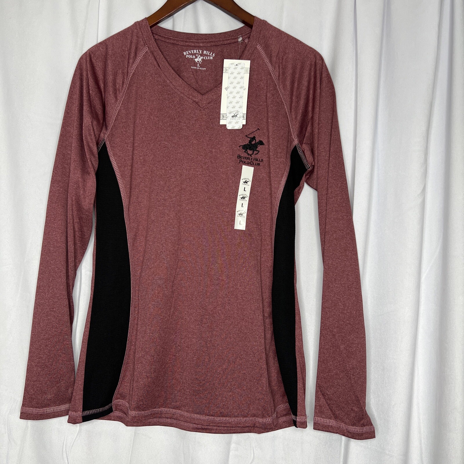 Womens Beverly Hills Polo Club Stretch V-Neck Maroon & Black Long Sleeve Shirt L