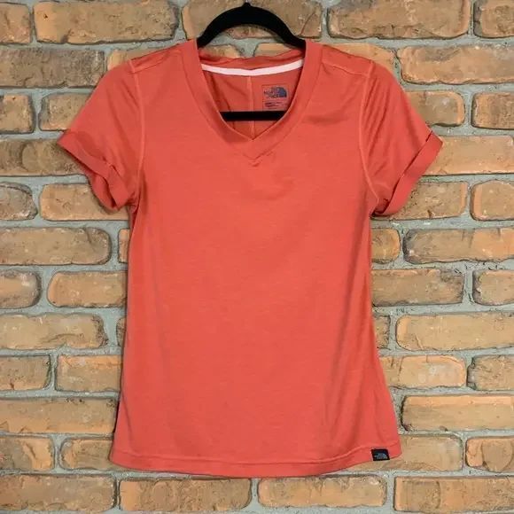 The North Face Top Womens Small Orange FlashDry Athletic V-Neck Performance Tee