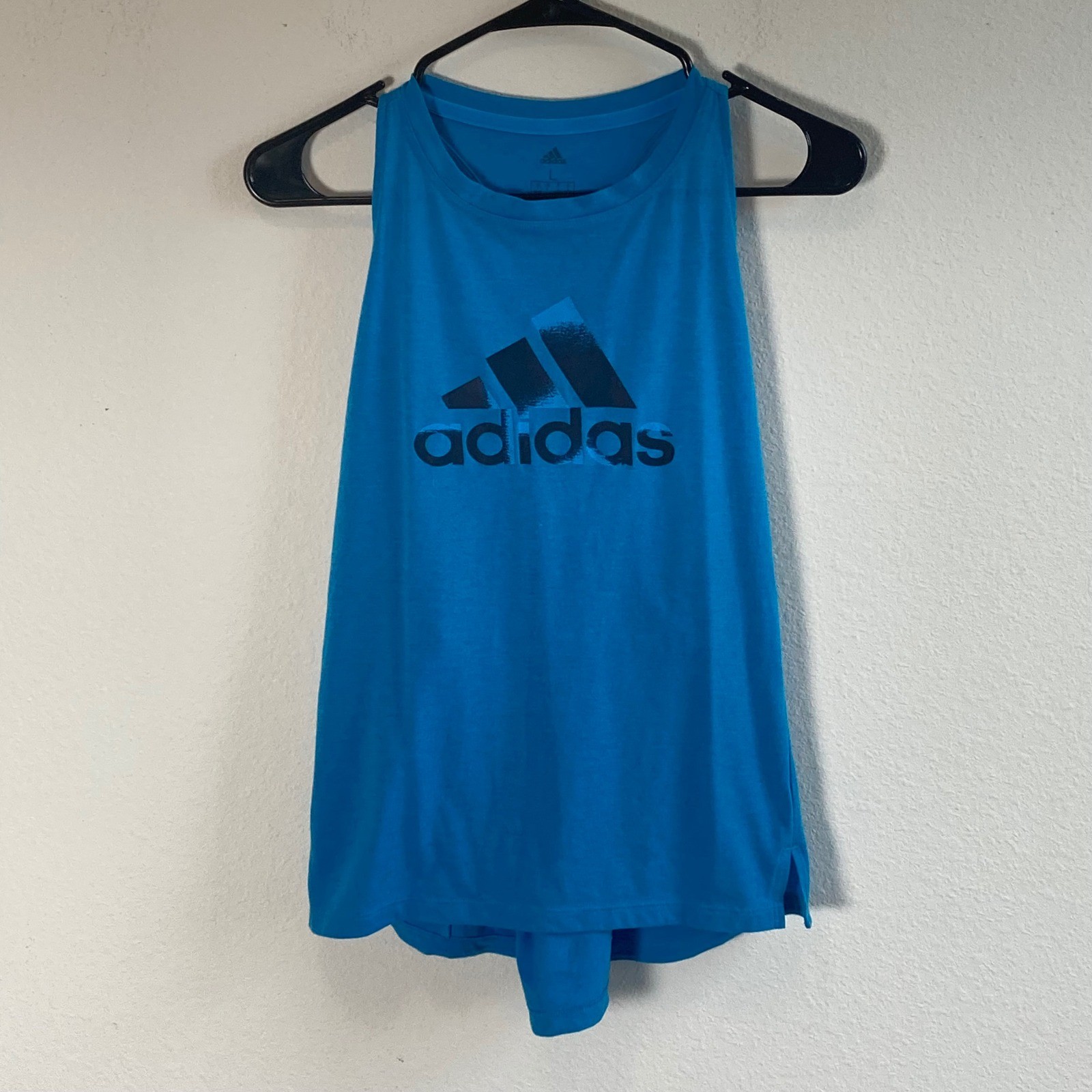 Adidas Tank Top Women Large Blue Graphic Logo Racerback Open Back Activewear