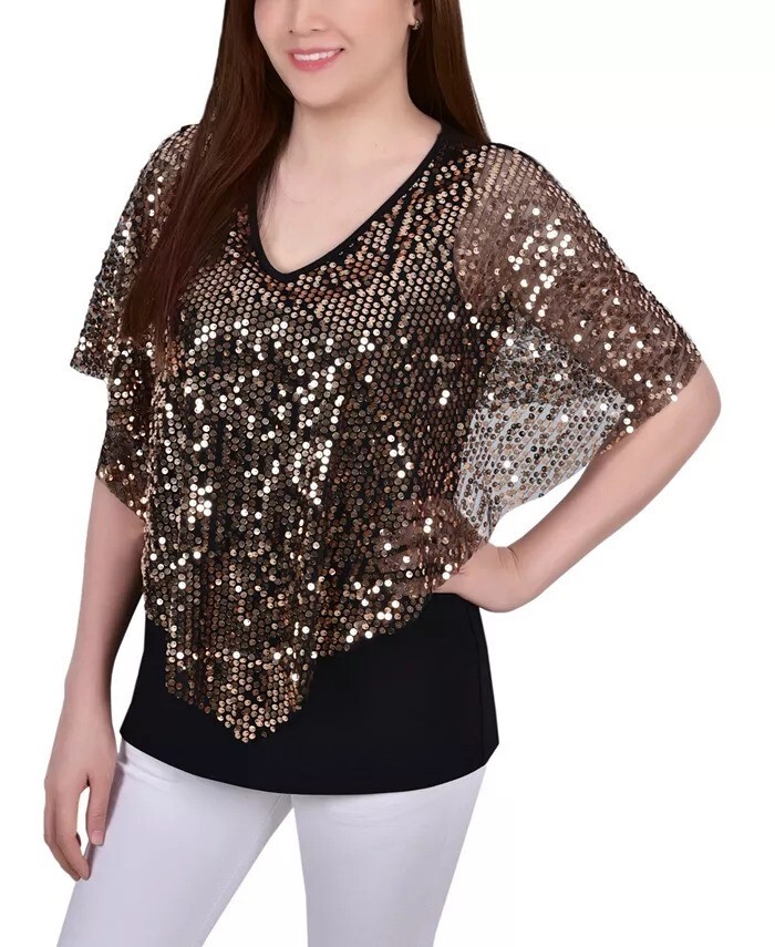 NY Collection Sequin Overlay Poncho Top Women Small Black Silver Party Disco NEW