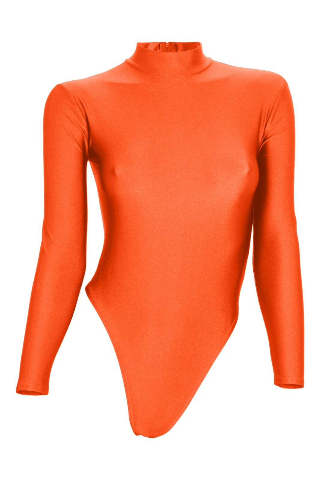 Women’s string body long sleeves back zip orange leotard stretch shiny shiny