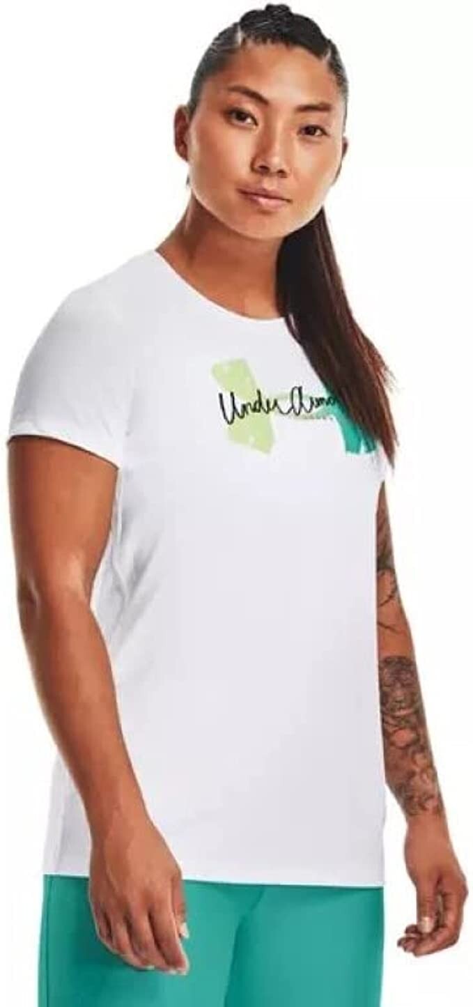 NWT Under Armour Womens Tech Script Logo Loose White T-Shirt White Size M UA130