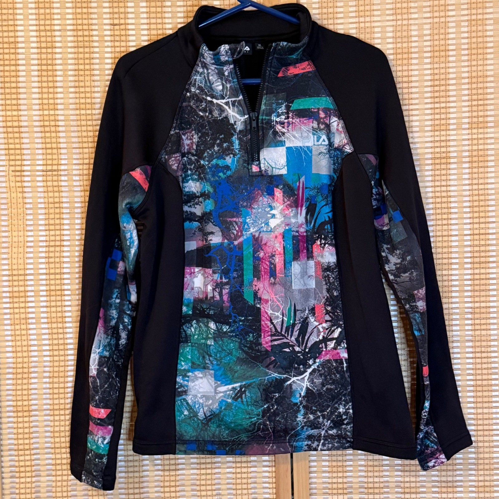 Fila Sport Womens XL Quarter Zip Pullover Abstract Nature Print Black Athletic