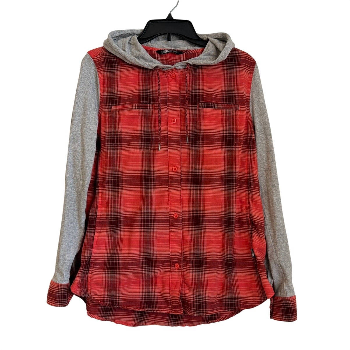 The North Face Hooded Plaid Button Down Shirt, Red Gray, Women’s Medium