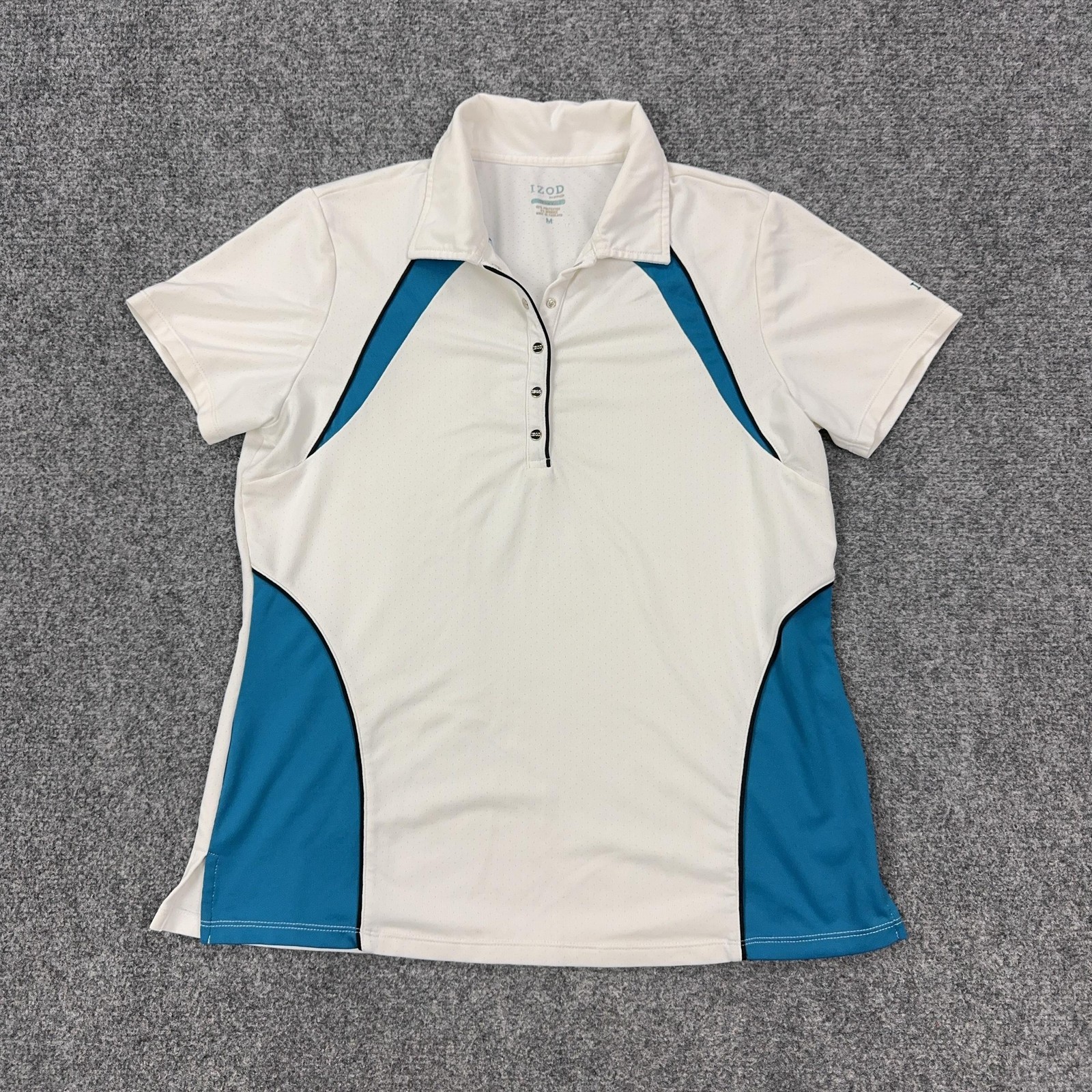 IZOD Golf Polo Shirt Womens Medium White Blue Colorblock Stretch Top Athletic