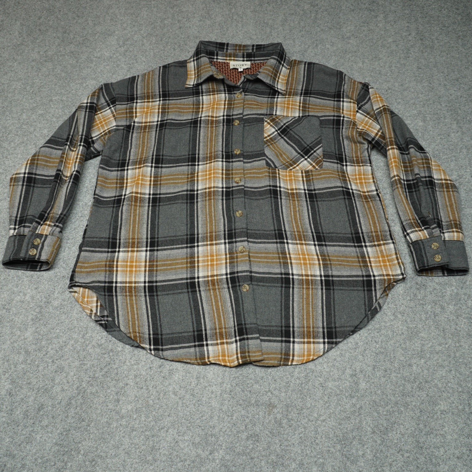 STORY Women’s Plaid Flannel Button Up Shirt Gray Gold M Cotton Blend