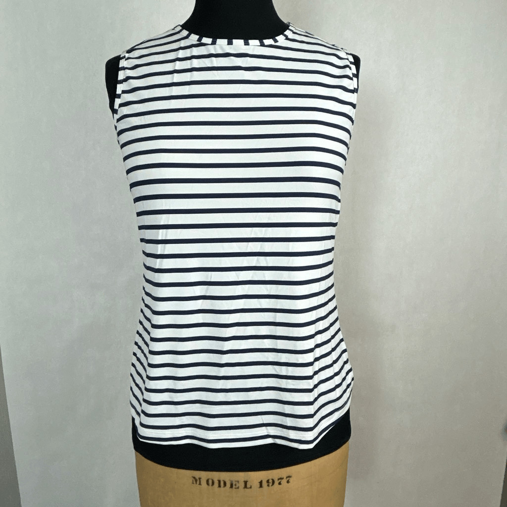 Lands’ End Womens Activewear Tank Shirt Sz Small White Navy Stripes Quick Dry