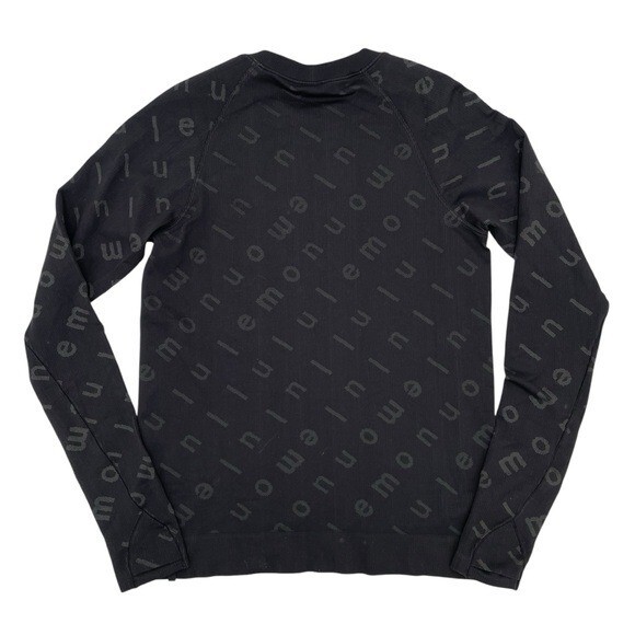 Lululemon Rest Less Pullover Logo Letter Black Graphite Grey Seamless Top Size 8