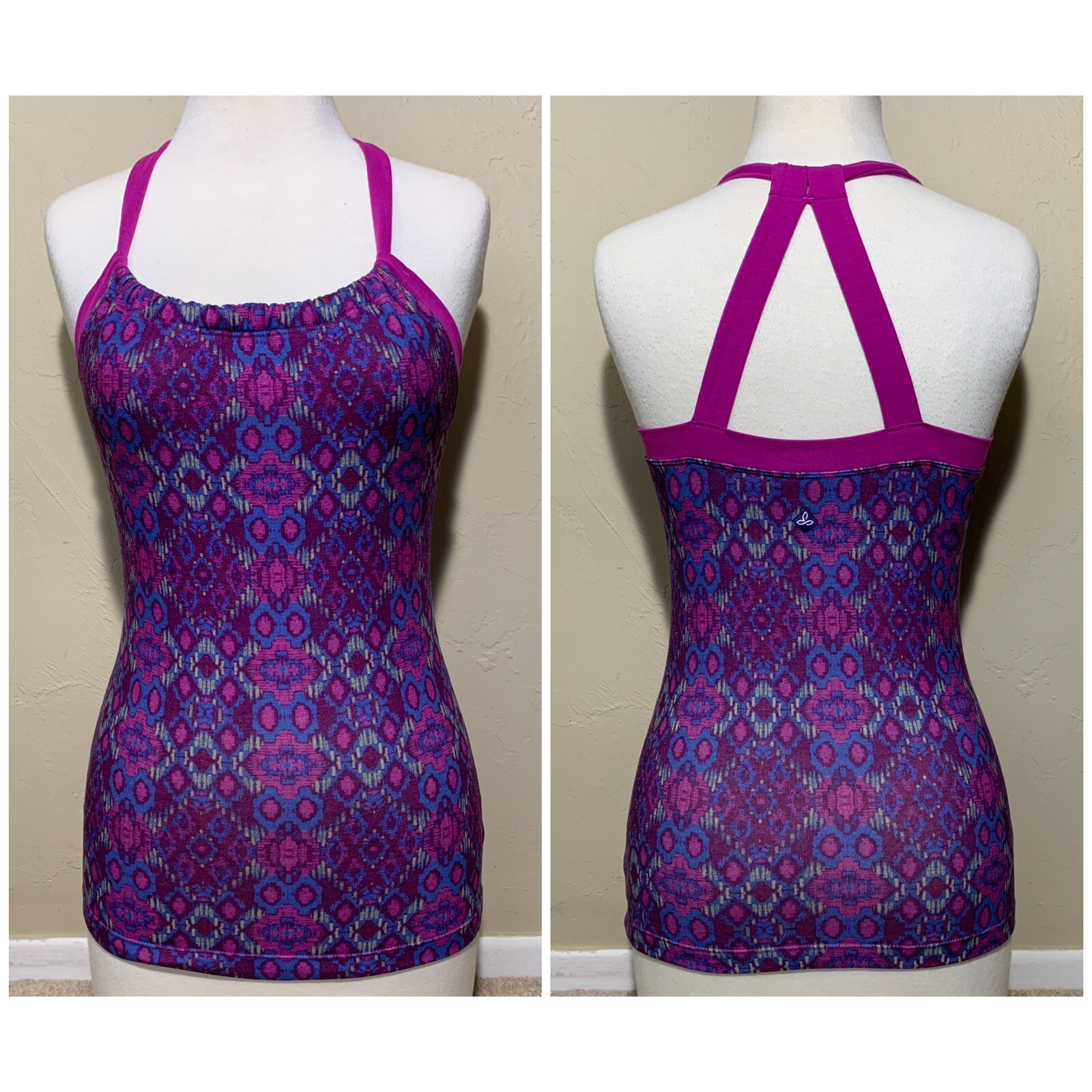 VGC prAna Yoga T-Back Tank Top w/ Sports Bra PURPLE PINK BLUE XS MSRP $69*