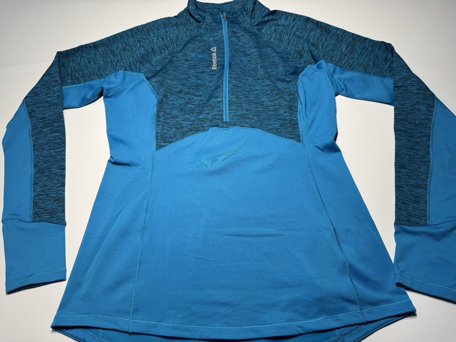 Reebok 1/4 Zip Pullover Blue Long Sleeve Mock V Neck Athletic Stretch Sz Large