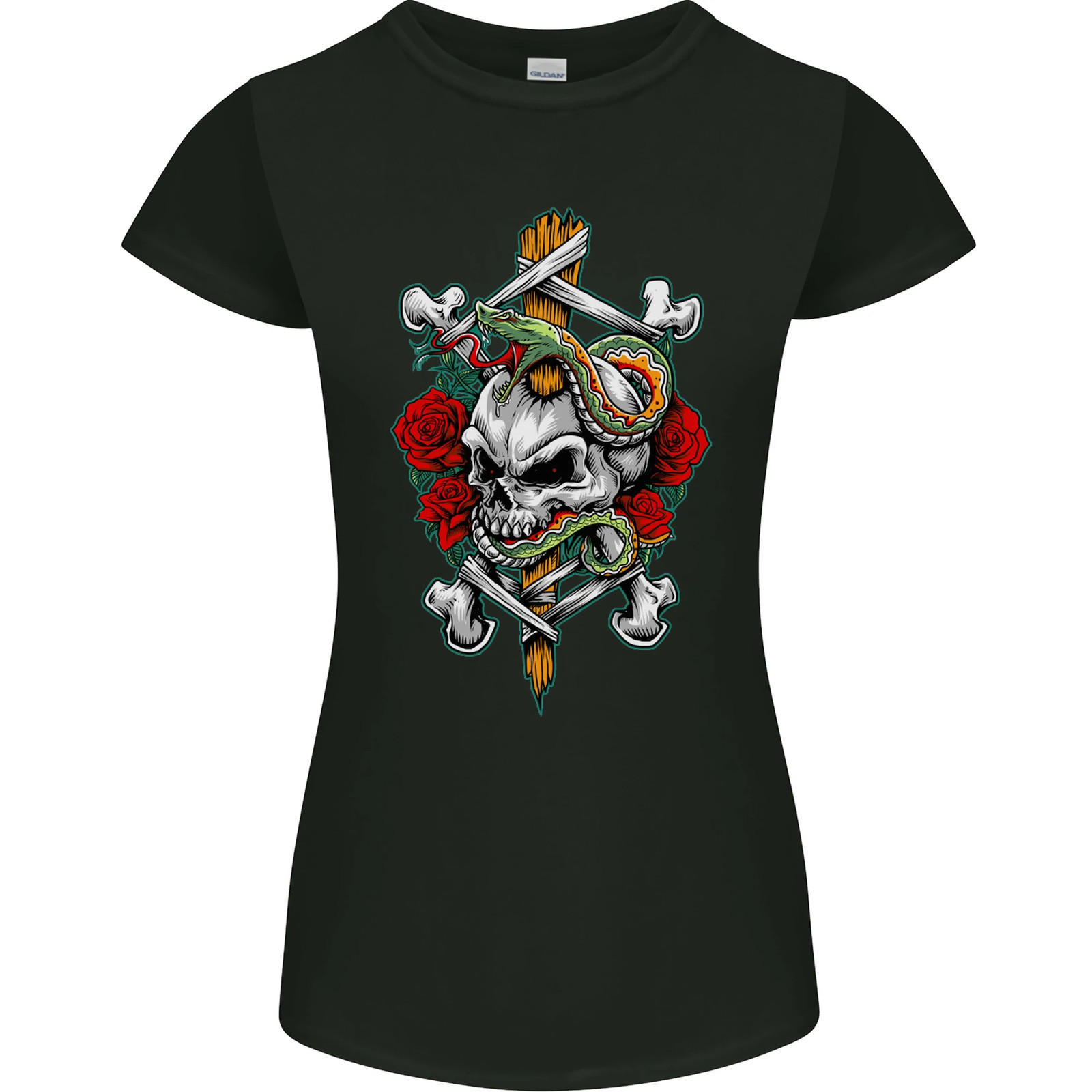 Skull and Snake Biker Heavy Metal Gothic Womens Petite Cut T-Shirt