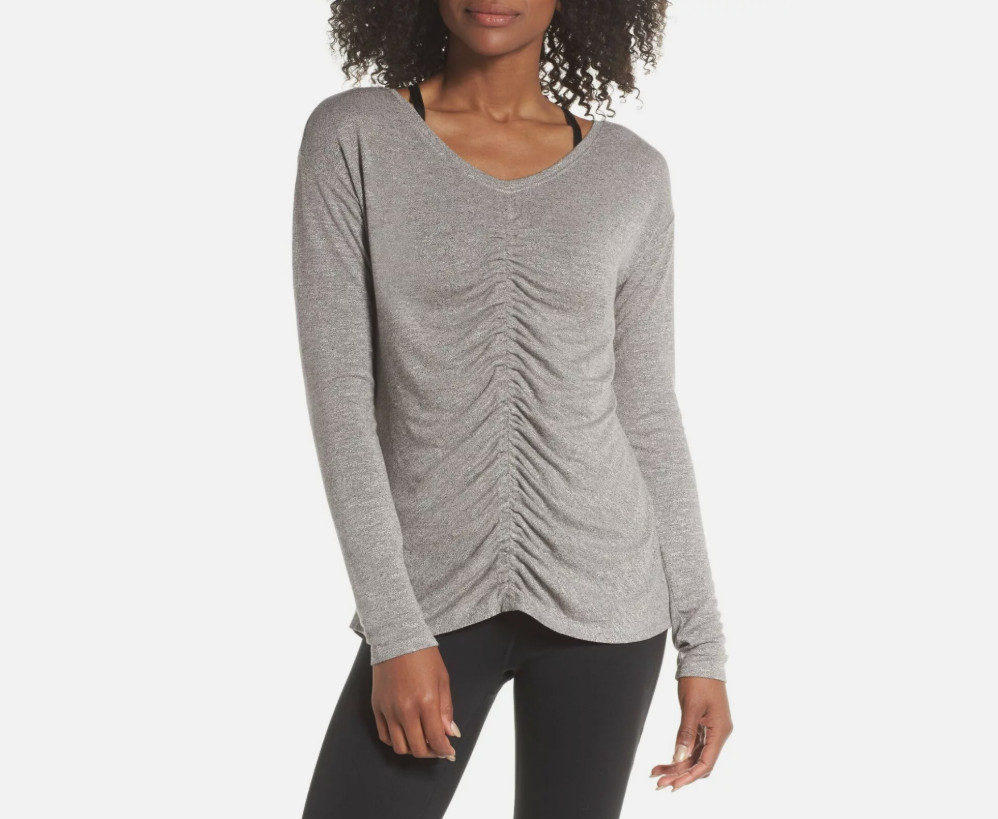 NWT Zella Amara Reversible Ruched Long Sleeve Tee – Gray Dark Heather – Small