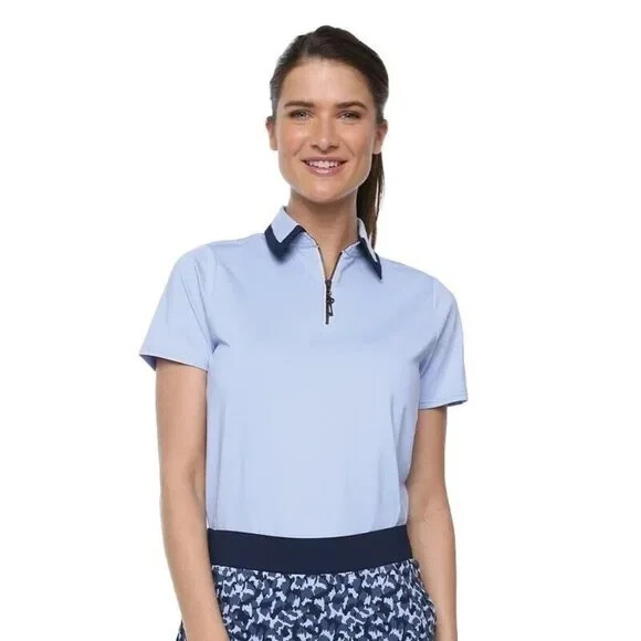 NWT Ladies BELYN KEY Ice Blue & Navy Birdie Cap Sleeve Golf Shirt Size M