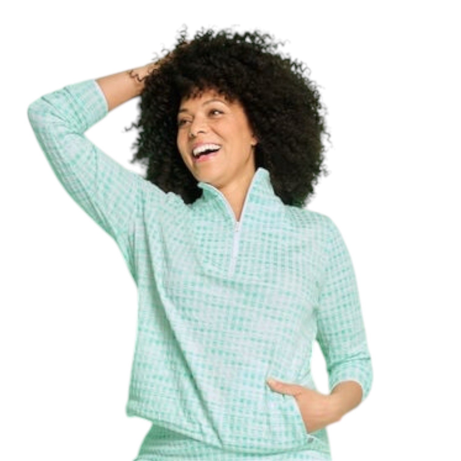 T by Talbots Mint Green White Plaid Textured Quarter Zip Pullover bungee hem M