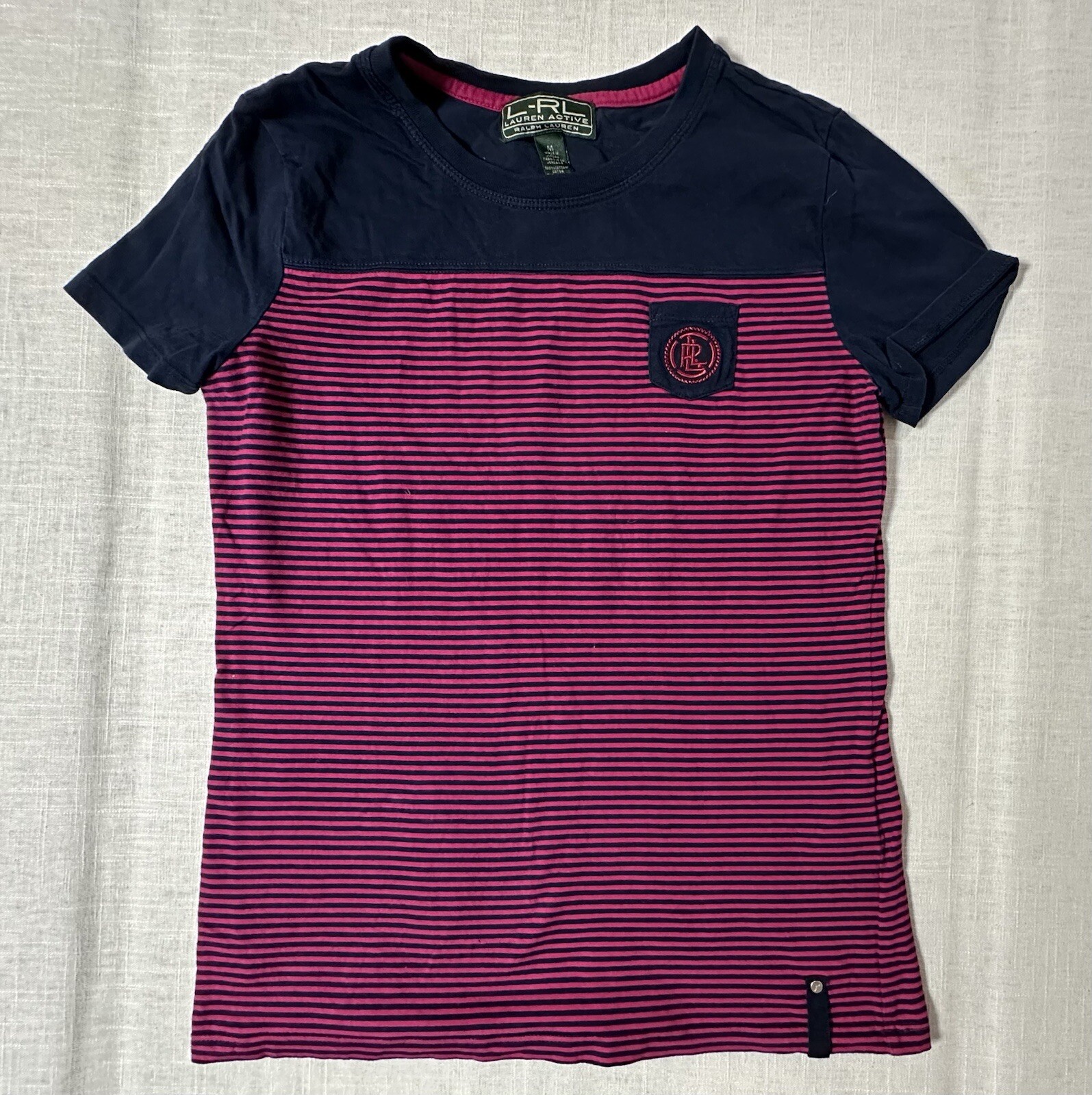LRL Lauren Active Top Women’s Medium Short Sleeve Pink & Blue Striped