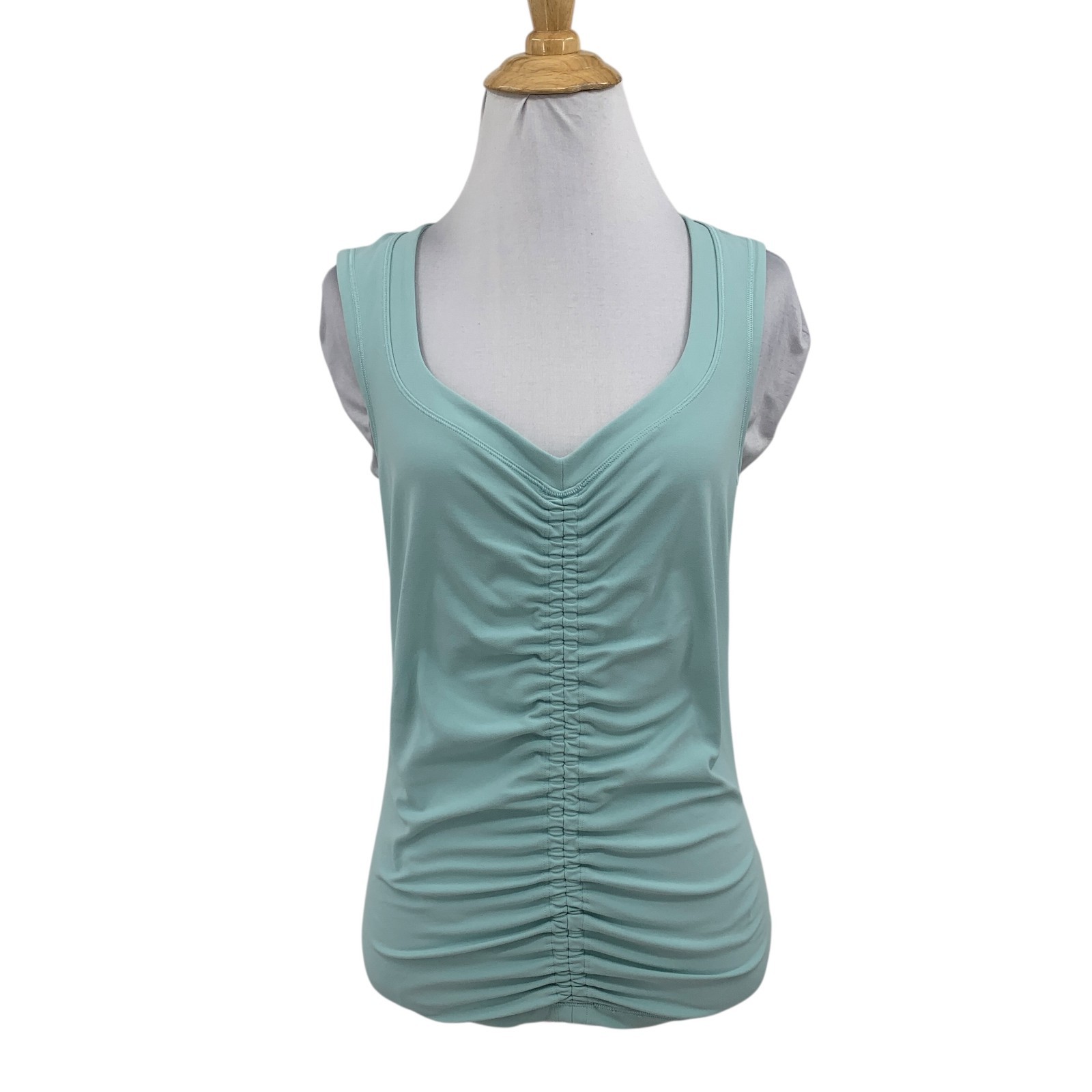 Athleta Tank Top Womens M Medium Sea Glass Gathered Front V Neck Sleeveless