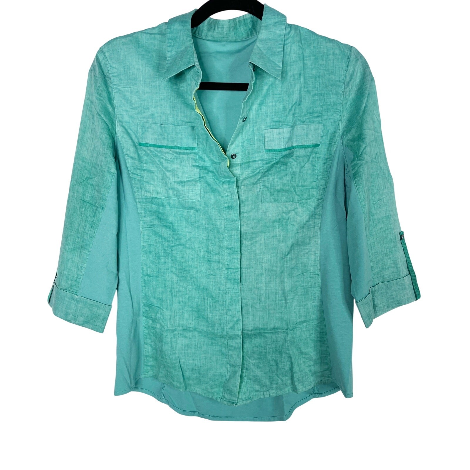 Teal Woven 3/4 Sleeve Button Front Shirt Small S Athletic Activewear Hiking