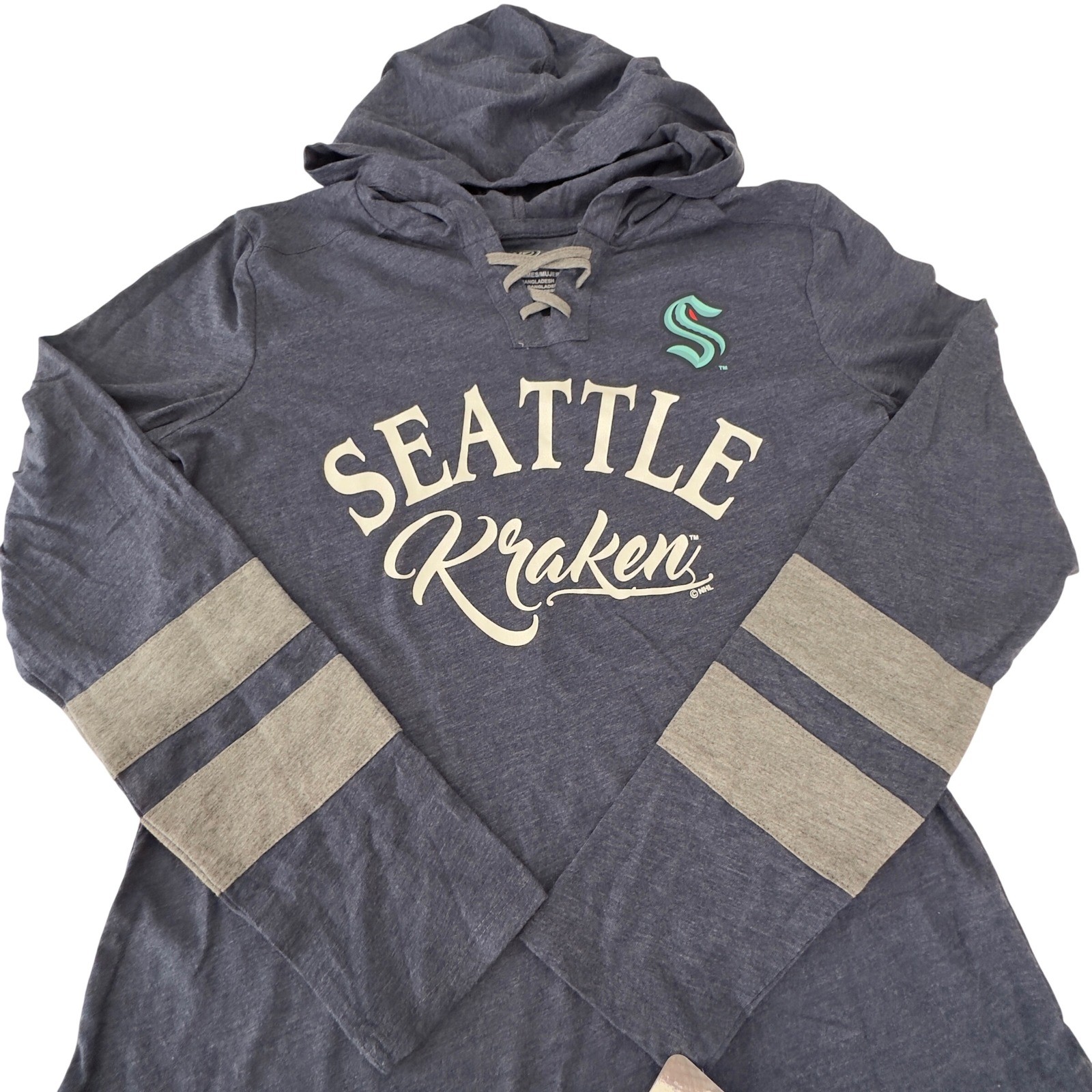 NHL Seattle Kraken Womens Navy Lace Up Hooded Long Sleeve T-Shirt Small NWT