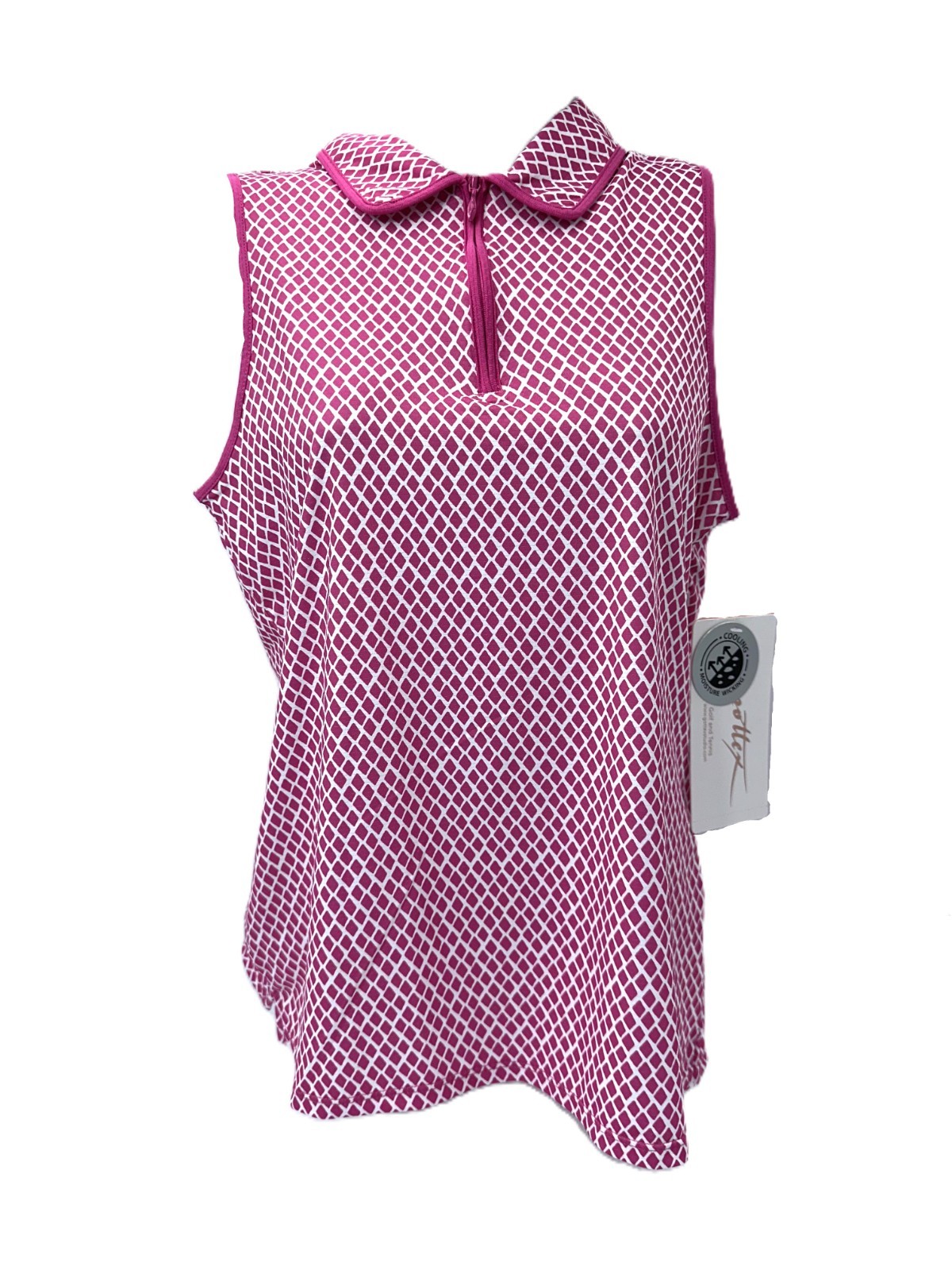 $75 X By Gottex Women’s No Sleeve Golf Polo -Pink Geo Luxe -XLarge -New Tags