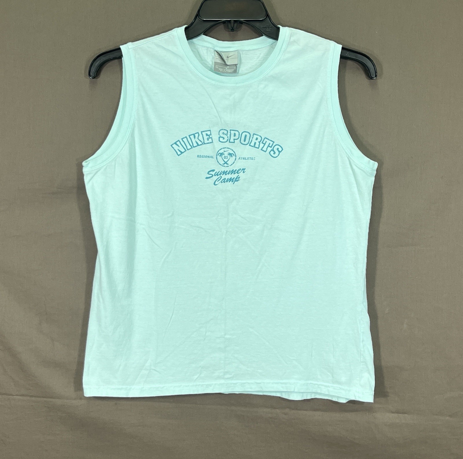 Vtg y2k NIKE SPORTS Summer Camp 2002 AQUA Knit ACTIVE OUTDOOR BEACH Tank Top L