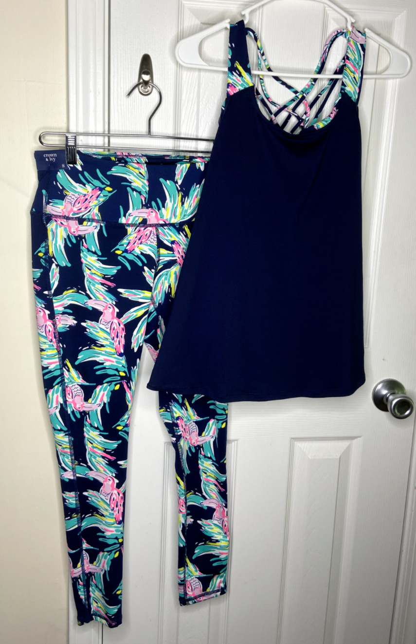 NWT Crown & Ivy Small Workout Set of 2 Navy Multi Athleisure Sport Tucan Bralet