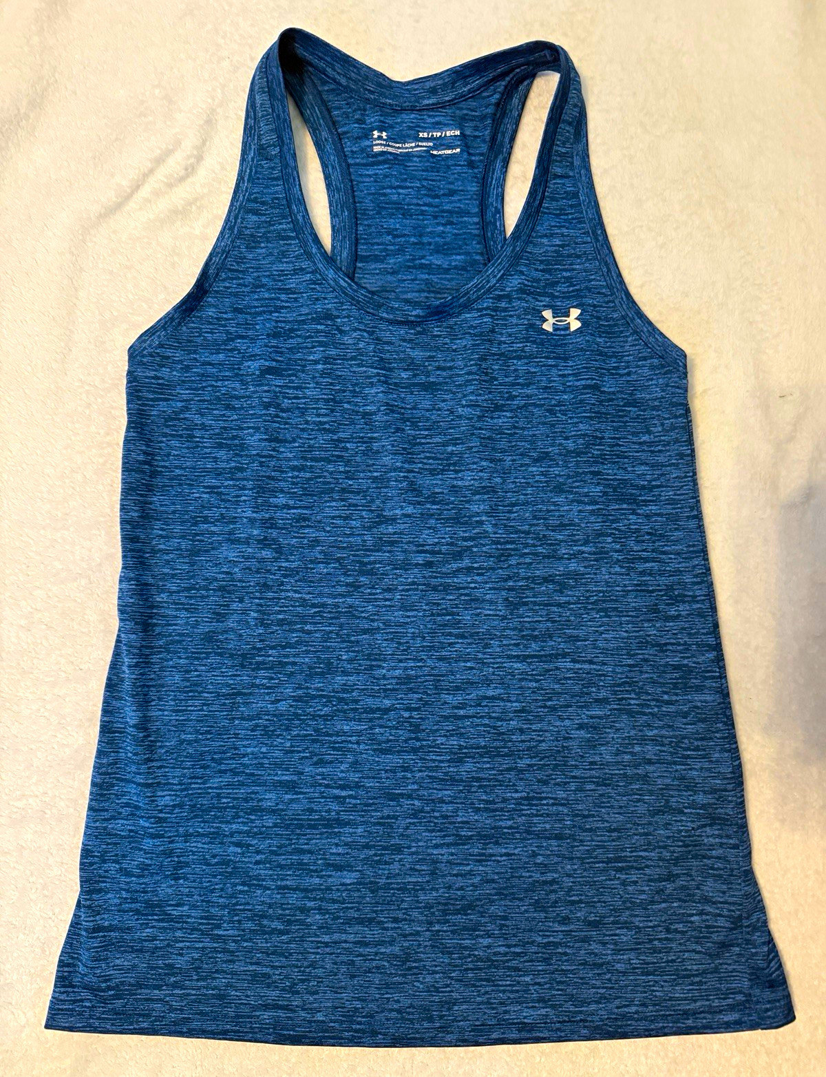 Under Armour HeatGear Women’s XS Blue Heathered Racerback Scoop Neck Tank Logo