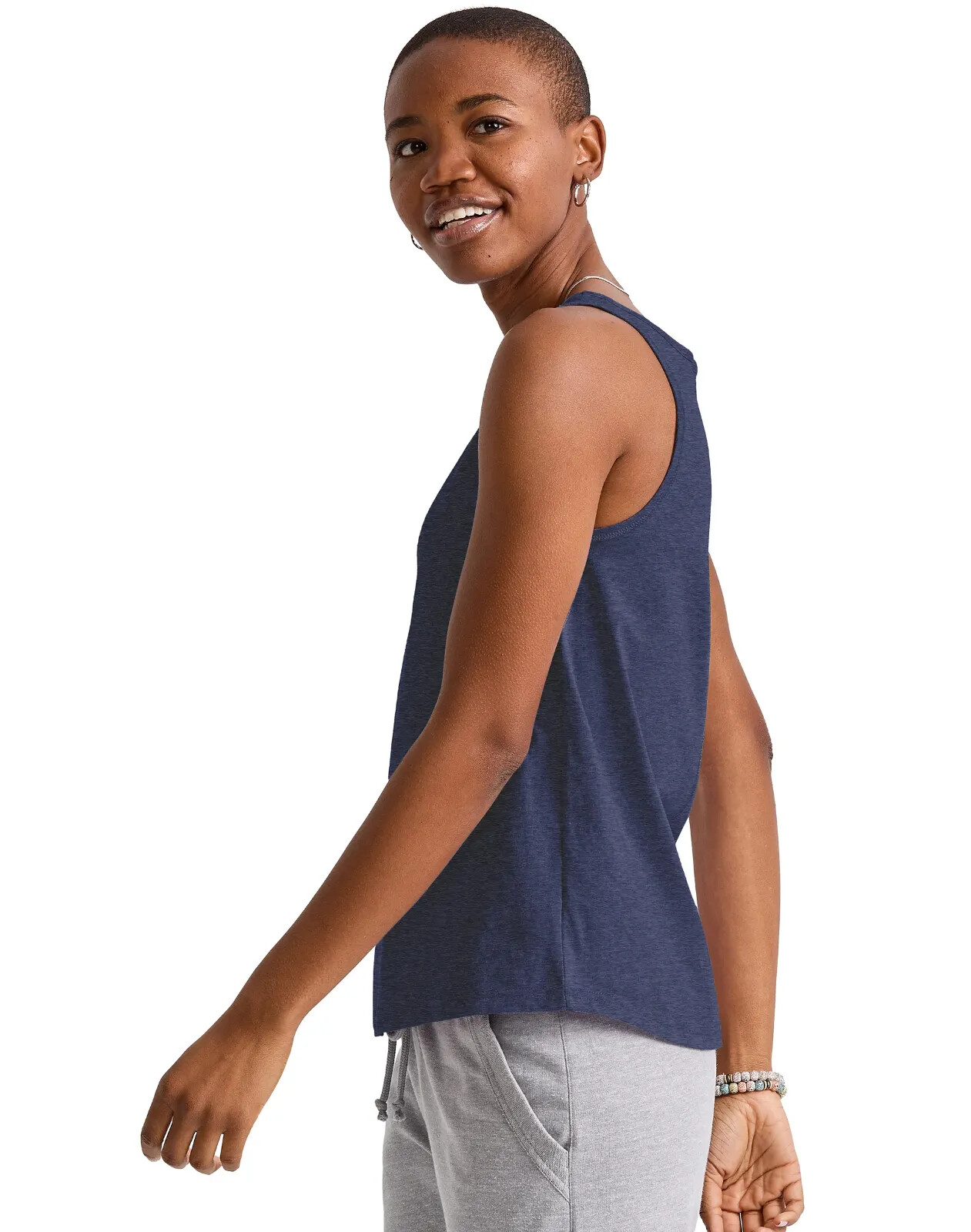 Hanes Tank Top Original Women 100% Cotton Soft Banded Neck Athletic Navy Heather